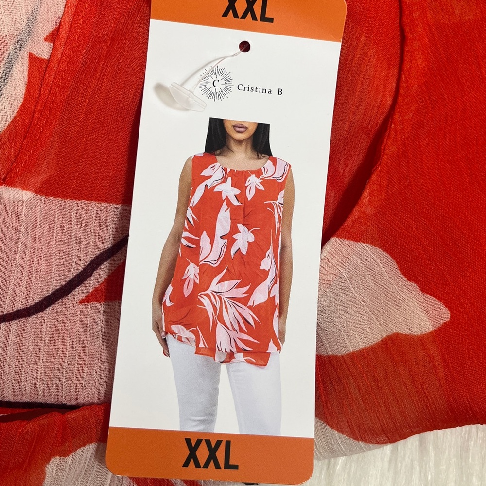 NWT Cristina B Cherry Tomato Red White Floral Sleeveless Semi-Sheer Blouse - Picture 9 of 11